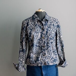Charter Club Button Jean Jacket - Petite Medium - Blue Ivory Paisley